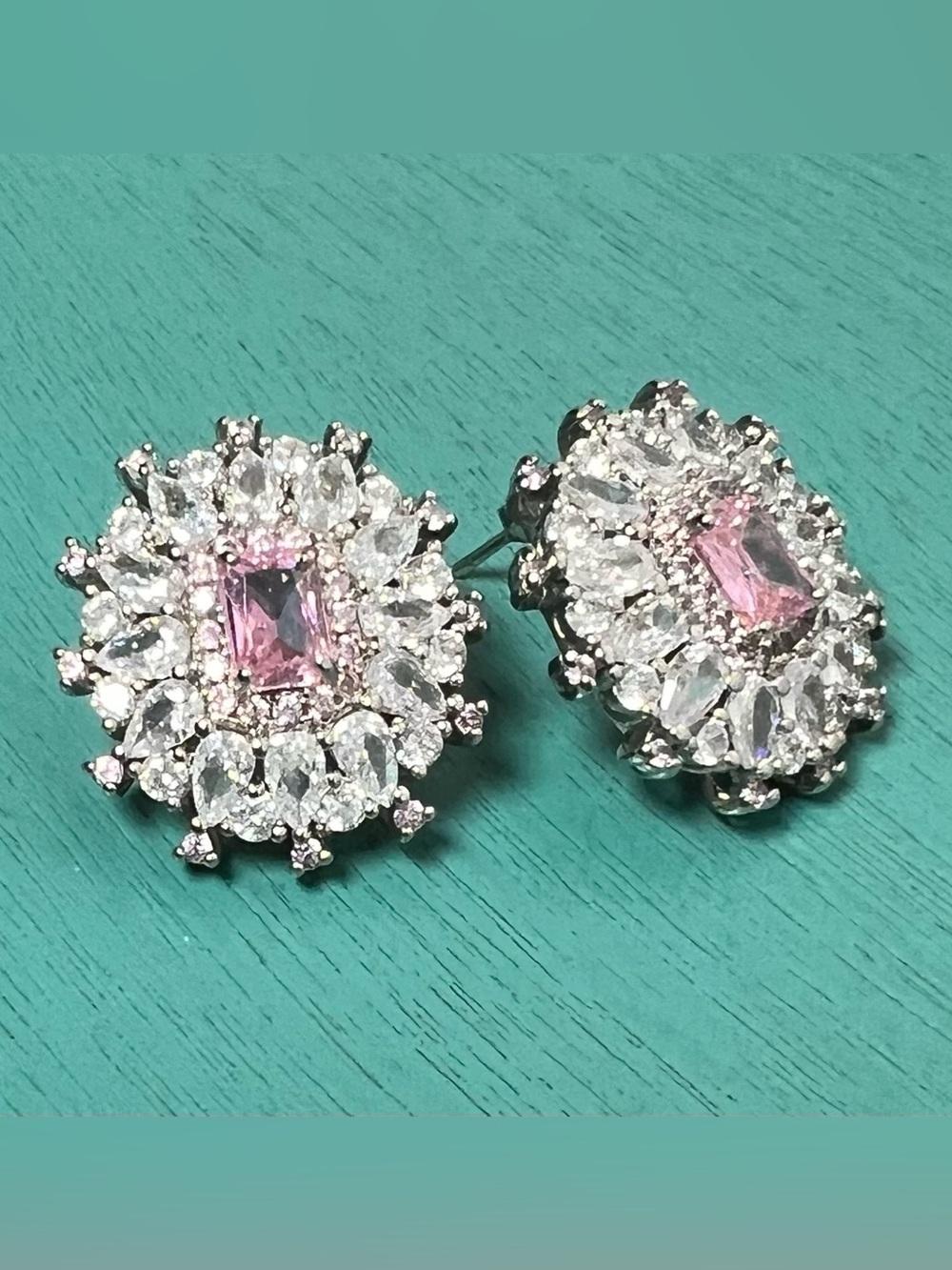 Cubic zirconia Pink Center Halo Stud Earrings